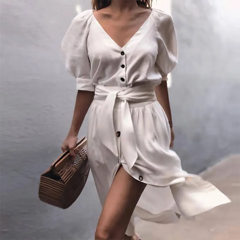 Spring And Summer Short-Sleeved V-Neck Cotton Five-Point Sleeve Button With Solid Color White Dress Loose Large Size Dress
Spring And Summer Short-Sleeved V-Neck Cotton Five-Point Sleeve Button With Solid Color White Dress Loose Large Size Dress