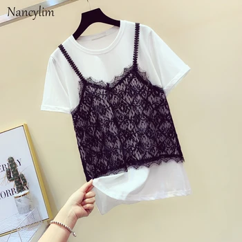2019 New Fashion Summer T Shirt Woman Lace Sling Stitching T-shirt Women Loose Short-sleeve Tee Top T-shirts Students White Tees 
2019 New Fashion Summer T Shirt Woman Lace Sling Stitching T-shirt Women Loose Short-sleeve Tee Top T-shirts Students White Tees