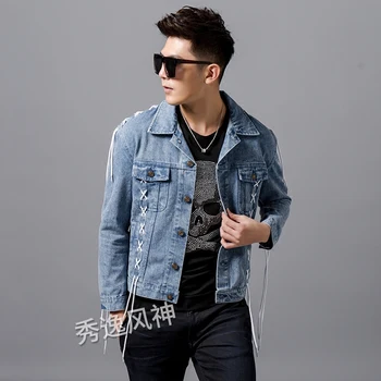 New rope straps denim jacket men's slim casual long-sleeved Korean denim jacket young teenagers singers stage dress costumes !
New rope straps denim jacket men's slim casual long-sleeved Korean denim jacket young teenagers singers stage dress costumes !