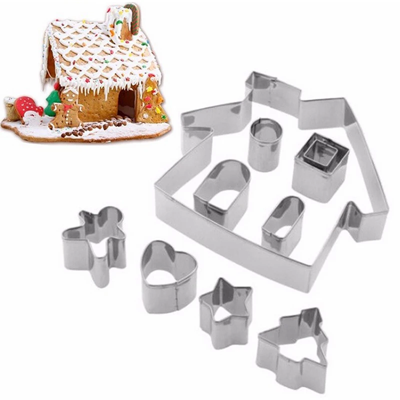 

10pcs/set Cookie Cutters 3D Gingerbread House Christmas New Year Decorations Stainess Steel Fondant Cake Mould Biscuit Mold