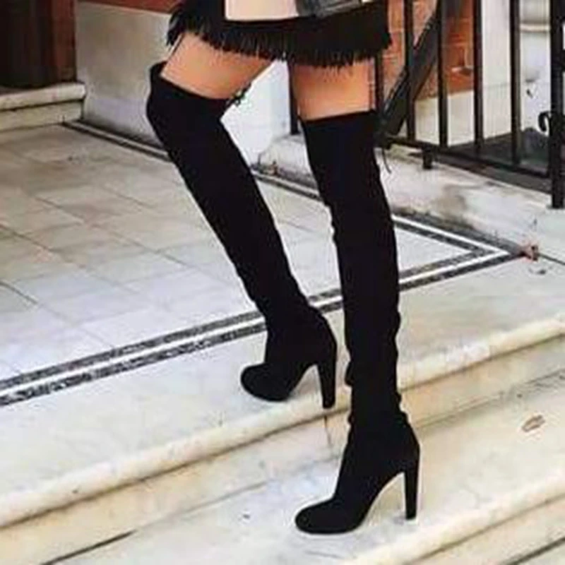 

HEFLASHOR Fashion Women Thigh High Boots Suede Leather High Heels Lace up Female Over The Knee Boots Plus Size Shoes 2019