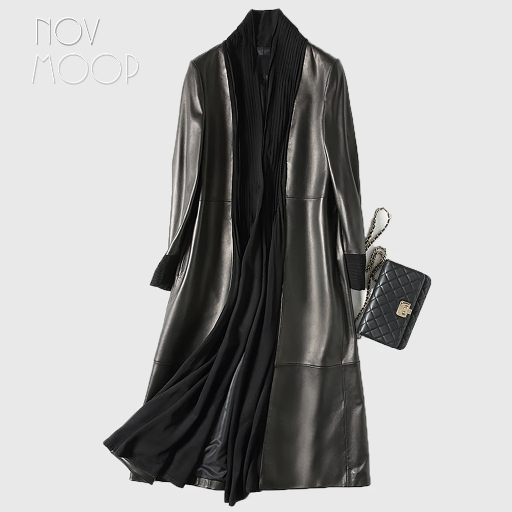 Pleated collar cuff design women black genuine leather lambskin leather x-long trench coat windbreaker outwear casacos LT1958
Pleated collar cuff design women black genuine leather lambskin leather x-long trench coat windbreaker outwear casacos LT1958
