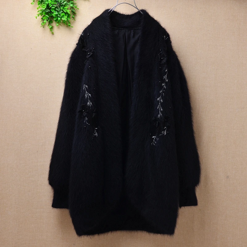 Women thicken long black beading vintage V-neck angora rabbit fur knitted loose cardigan long sleeves mink sweater coat winter
Women thicken long black beading vintage V-neck angora rabbit fur knitted loose cardigan long sleeves mink sweater coat winter