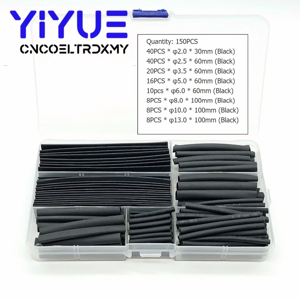150pcs/Box 2:1 Polyolefin Heat Shrink Tubing Tube Sleeving Wire Electrical Insulation Cable Kit 8 Sizes 2-13mm Black Assortment
150pcs/Box 2:1 Polyolefin Heat Shrink Tubing Tube Sleeving Wire Electrical Insulation Cable Kit 8 Sizes 2-13mm Black Assortment