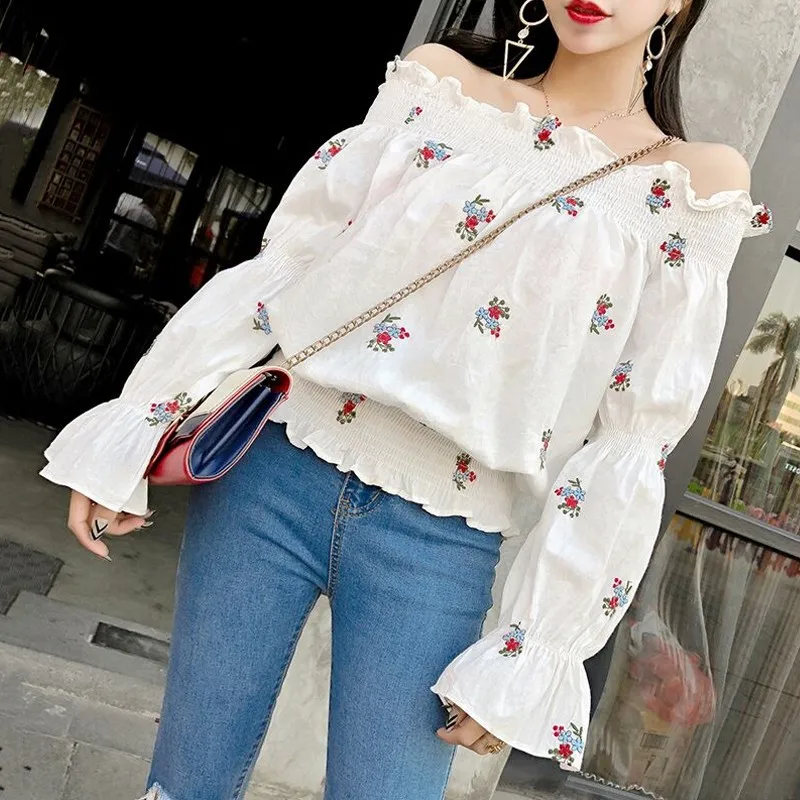 

Neploe Blusa Feminina Floral Embroidery White Blouse 2020 Summer Women Shirt Korean Puff Sleeve Off Shoulder Ladies Tops 35443