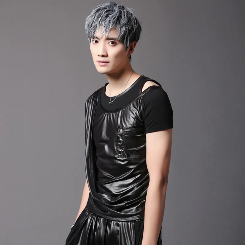 Men fashion imitation leather asymmetric design punk t shirt mens nightclub singer slim fit tee shirts hip hop tops costume
Men fashion imitation leather asymmetric design punk t shirt mens nightclub singer slim fit tee shirts hip hop tops costume