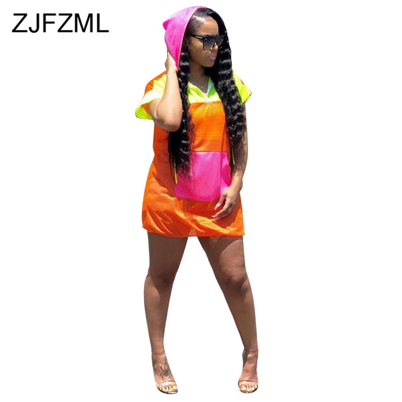Neon Color Breathable Summer Mini Dress Women Contrast Color Patchwork Pocket Loose Dress Streetwear Short Sleeve Hooded Dress
Neon Color Breathable Summer Mini Dress Women Contrast Color Patchwork Pocket Loose Dress Streetwear Short Sleeve Hooded Dress