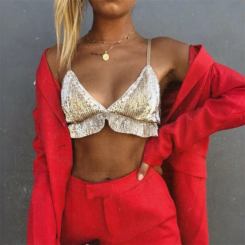 Women Sleeveless Crop Top Sexy Female V-Neck Sequined Camisole Club Girls Thin Shiny Glitter Bling Sequin Bralette Bandage Camis
Women Sleeveless Crop Top Sexy Female V-Neck Sequined Camisole Club Girls Thin Shiny Glitter Bling Sequin Bralette Bandage Camis