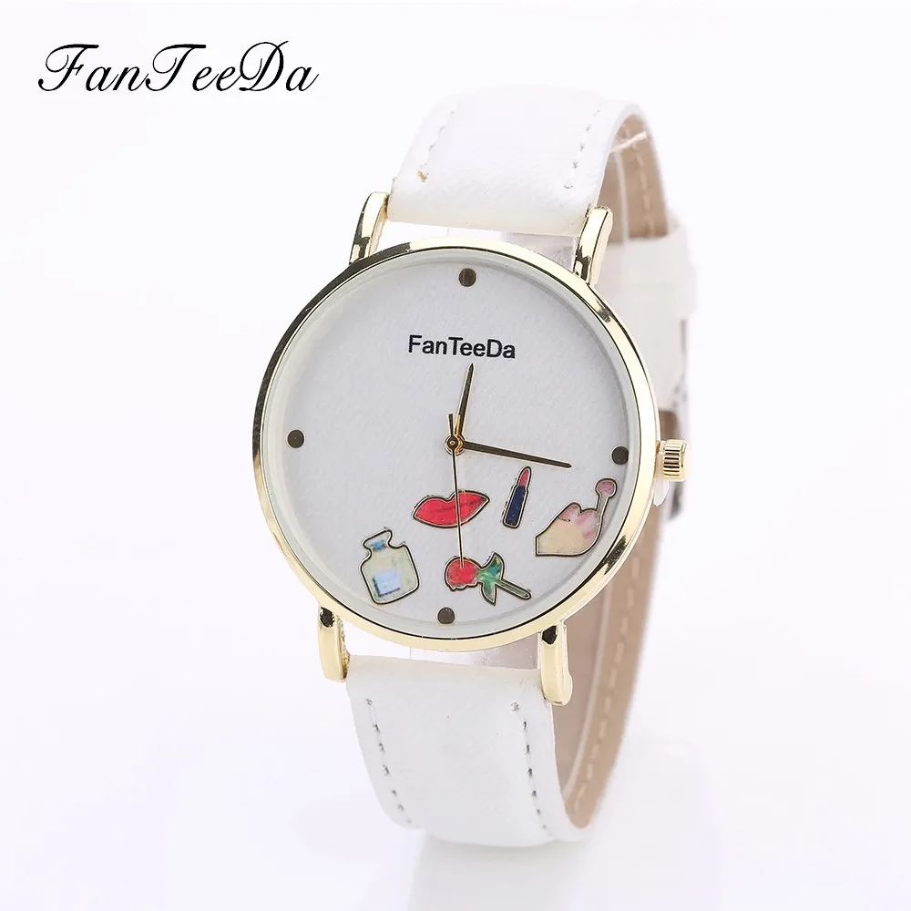 

#FD084 FanTeeDa leather women watches 2018 Simple Perfume Lipstick Rose Pattern Leather Dial Quartz Alloy Leather Business watch