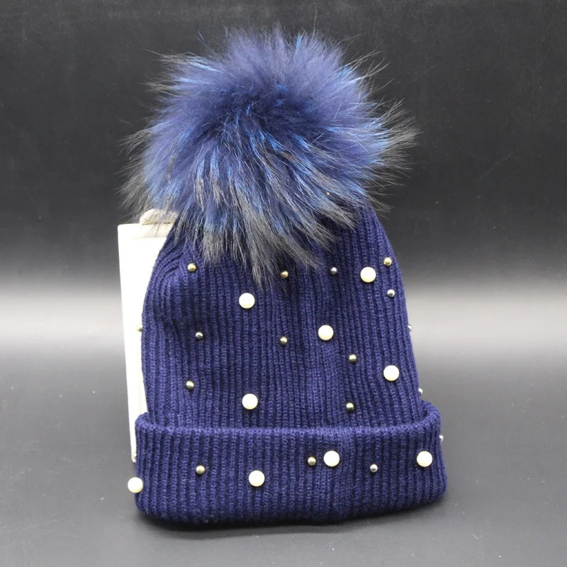 

new multi color full pearl decorated genuine raccoon fur pom pom hat handmaded pom pom fur beanies women delicate nice style hat