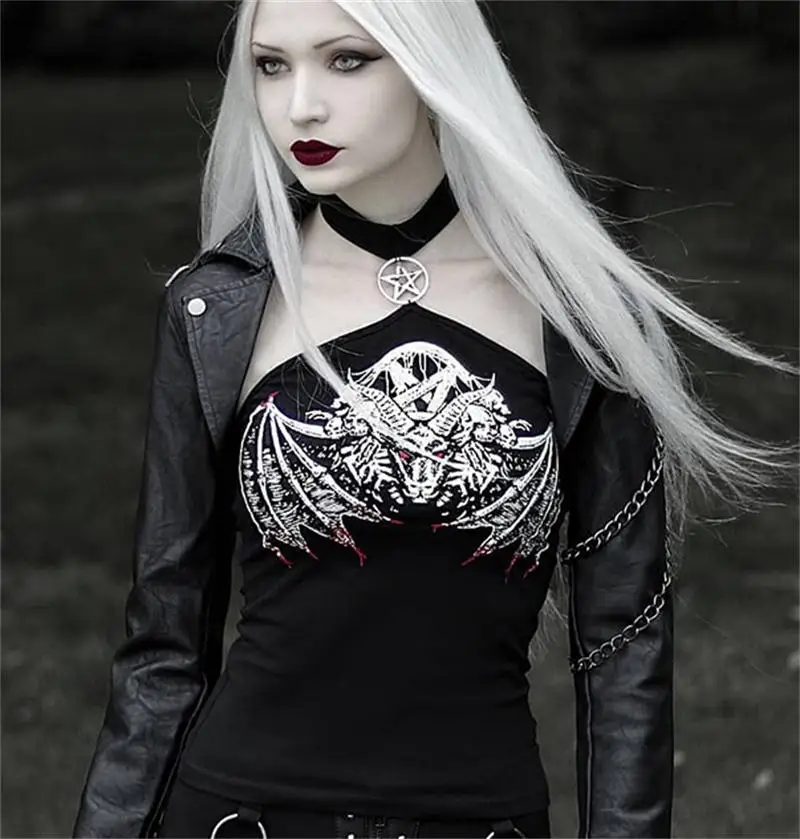 Gothic Halter Bodycon Tops Women Black Skull Print Punk Streetwear Fashion Female Tops Pentagram Hollow Out Off Shoulder Top
Gothic Halter Bodycon Tops Women Black Skull Print Punk Streetwear Fashion Female Tops Pentagram Hollow Out Off Shoulder Top