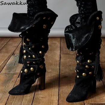Top Quality Designer Women Long Boots Pointed Toe High Heels Knee High Booties Metal Decor Lace Up Tassel Shoes Chaussure Femme
Top Quality Designer Women Long Boots Pointed Toe High Heels Knee High Booties Metal Decor Lace Up Tassel Shoes Chaussure Femme