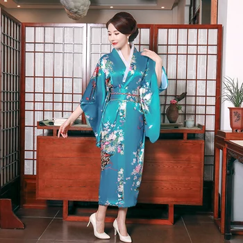 Traditional Japanese Style Women Kimono Bathrobe Gown Novelty Sexy Lack Blue Satin Print Wheel Stage Performance Clothing
Traditional Japanese Style Women Kimono Bathrobe Gown Novelty Sexy Lack Blue Satin Print Wheel Stage Performance Clothing