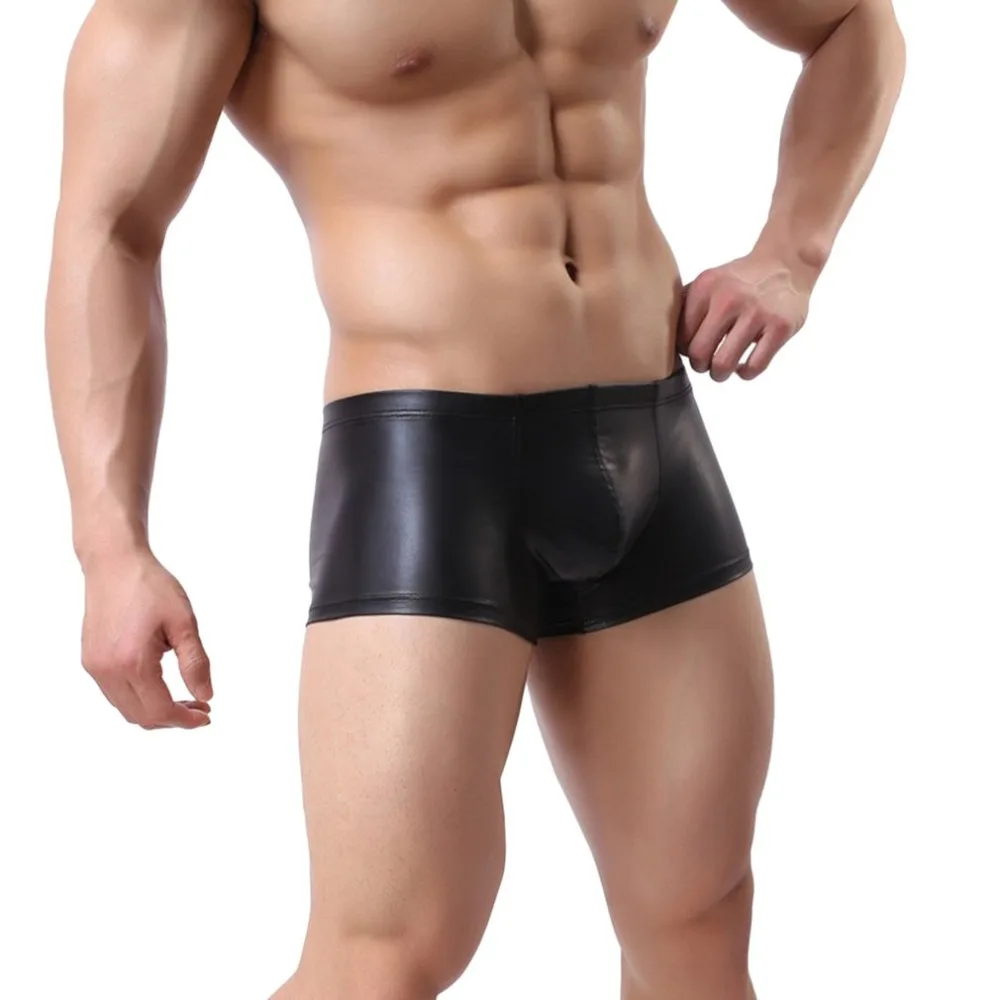 

Sexy Gay Men Boxer Boxershorts Mens PU leather U Convex Pouch Underpants Fashion Male Panties Underwear Classical Plaid Shorts