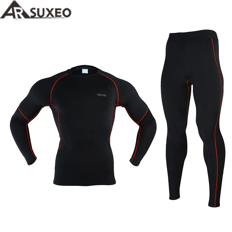 Image 2015 ARSUXEO Men Winter Thermal Warm Up Fleece Compression Cycling  Base Layers Shirts Running Sets Jersey  Sports Suits N56