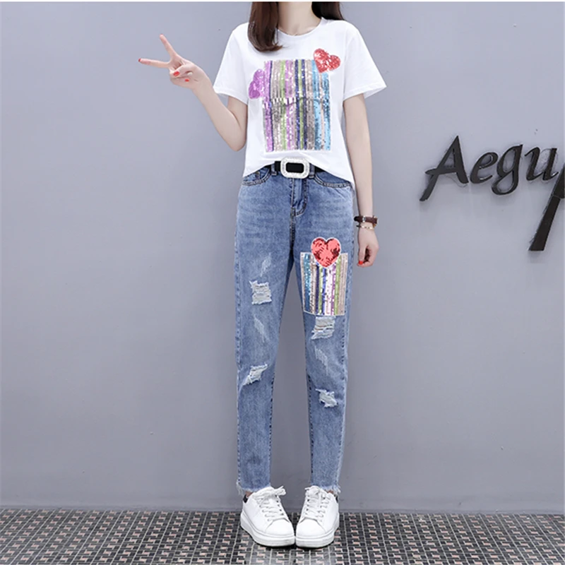 Summer New Fashion Two Piece Sets Women T shirt Sequins Short Sleeve Tshirt Tops + Casual Broken Hole Jeans Clothes | Женская одежда