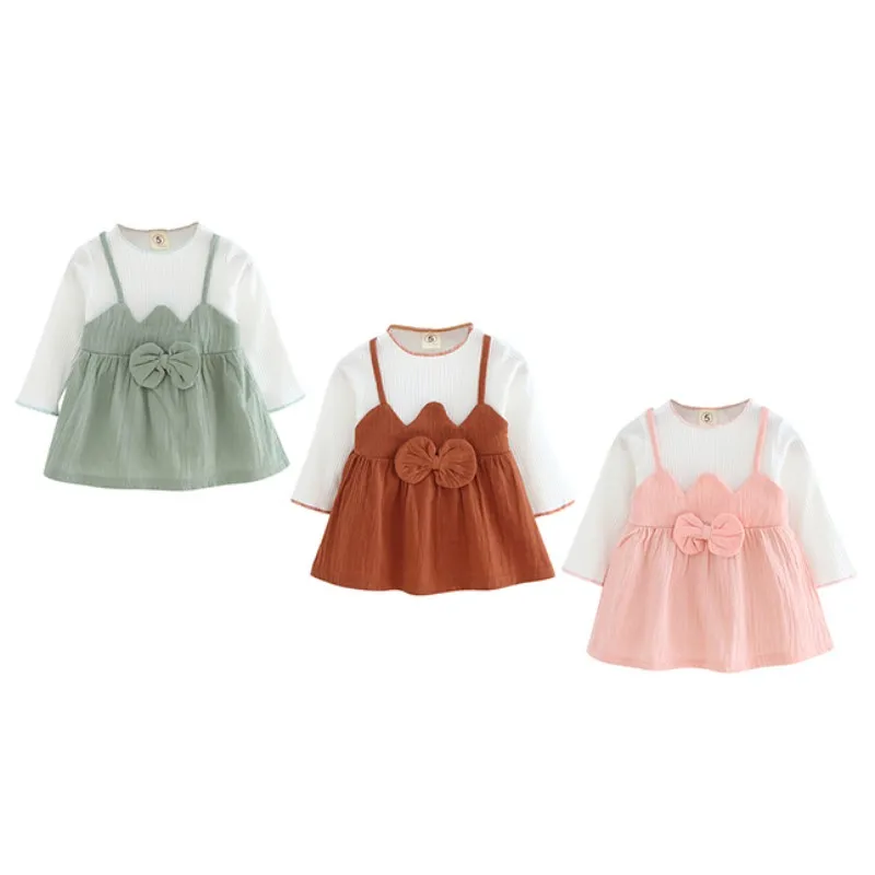 New Autumn Fashion Girls Bow Long-sleeved Dress Newborn Casual Dress Baby Outfits Girl Princess Dress