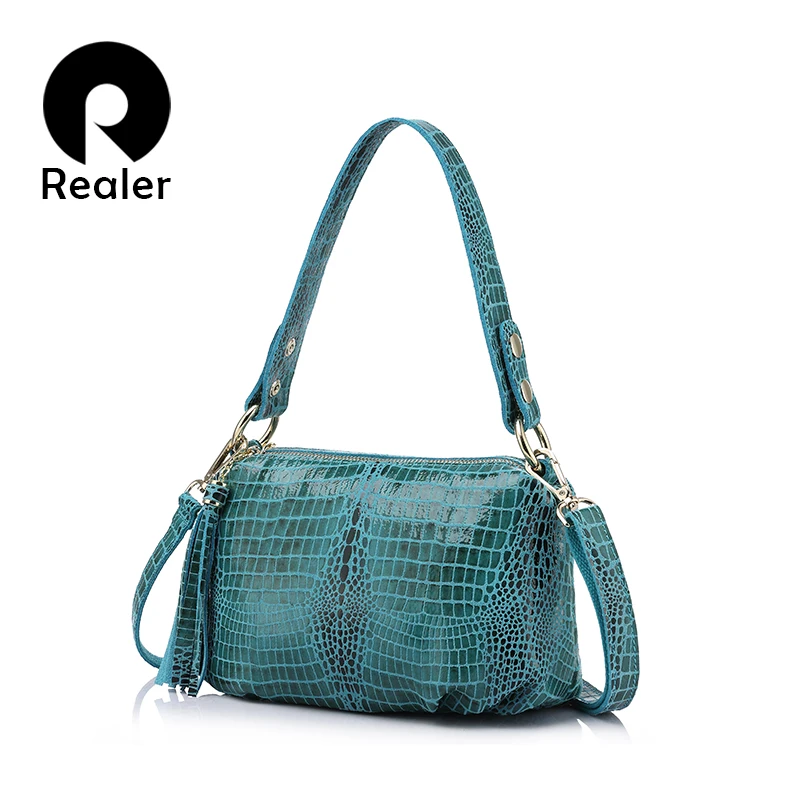 

REALER genuine leather women handbag crocodile pattern flap bag female shoulder crossbody bags ladies messenger bag totes small