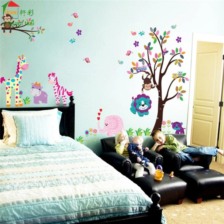 Image King size tree animal cartoon owl monkey giraffe elephant wall stickers for kids rooms boys girls home decor wallpaper for kids