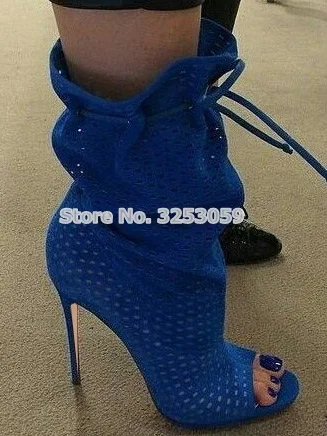 ALMUDENA Women Blue White Stiletto Heels Mid-calf Boots Open Toe Hollow Out Lace-up Dress Boots Small Hole Decorated Ruffle Shoe
ALMUDENA Women Blue White Stiletto Heels Mid-calf Boots Open Toe Hollow Out Lace-up Dress Boots Small Hole Decorated Ruffle Shoe