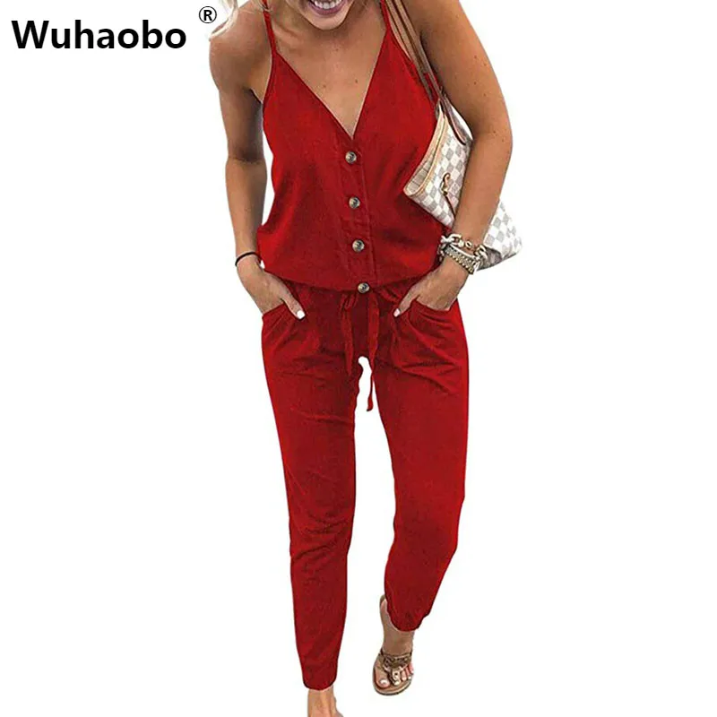 Wuhaobo Jumpsuits Summer Bodysuit Women Drawstring Rompers Solid Playsuit V Neck Button Pockets Wrap Slim Streetwear Jumpsuit
Wuhaobo Jumpsuits Summer Bodysuit Women Drawstring Rompers Solid Playsuit V Neck Button Pockets Wrap Slim Streetwear Jumpsuit