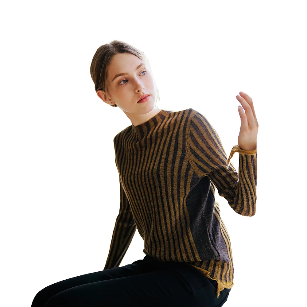 Thin vertical stripes show thin sweater half high collar color matching edge tear render unlined upper garment of female 273015
Thin vertical stripes show thin sweater half high collar color matching edge tear render unlined upper garment of female 273015