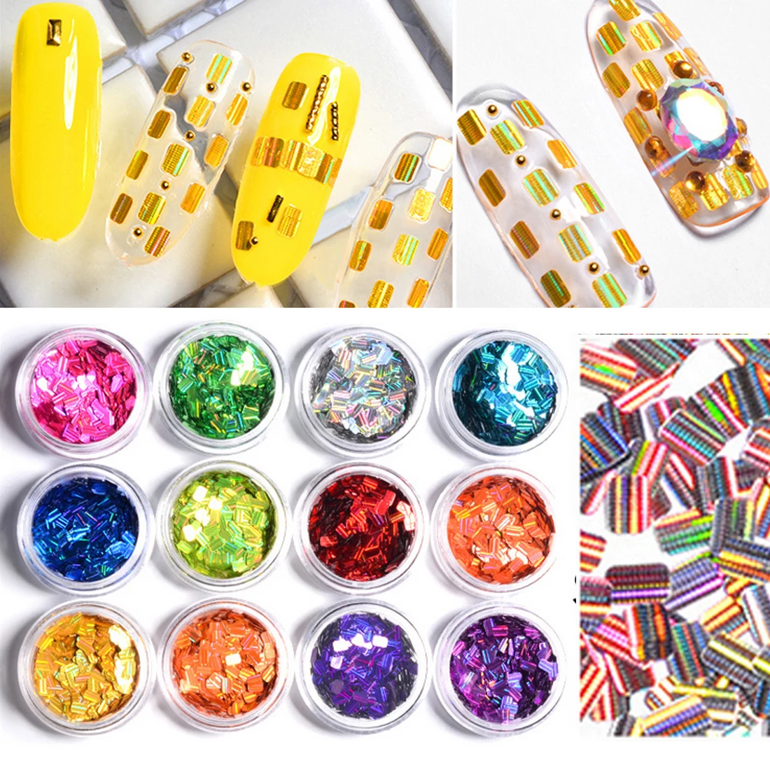 12 Boxes Holographic Rectangle Nail Sequins with Strip Pattern 3D Cube Nail Art Laser Paillette Sparkling DIY Chromatic Flake
12 Boxes Holographic Rectangle Nail Sequins with Strip Pattern 3D Cube Nail Art Laser Paillette Sparkling DIY Chromatic Flake