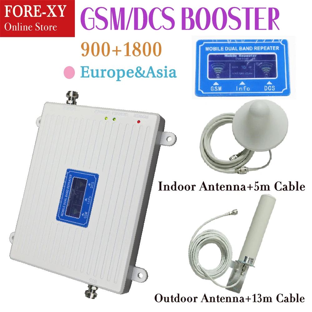 

2G 4G Dual Band Cellphone Signal Repeater 2G GSM 900mhz 4G LTE DCS 1800mhz Cellular Amplifier 70dB Gain LCD Display Booster Set
