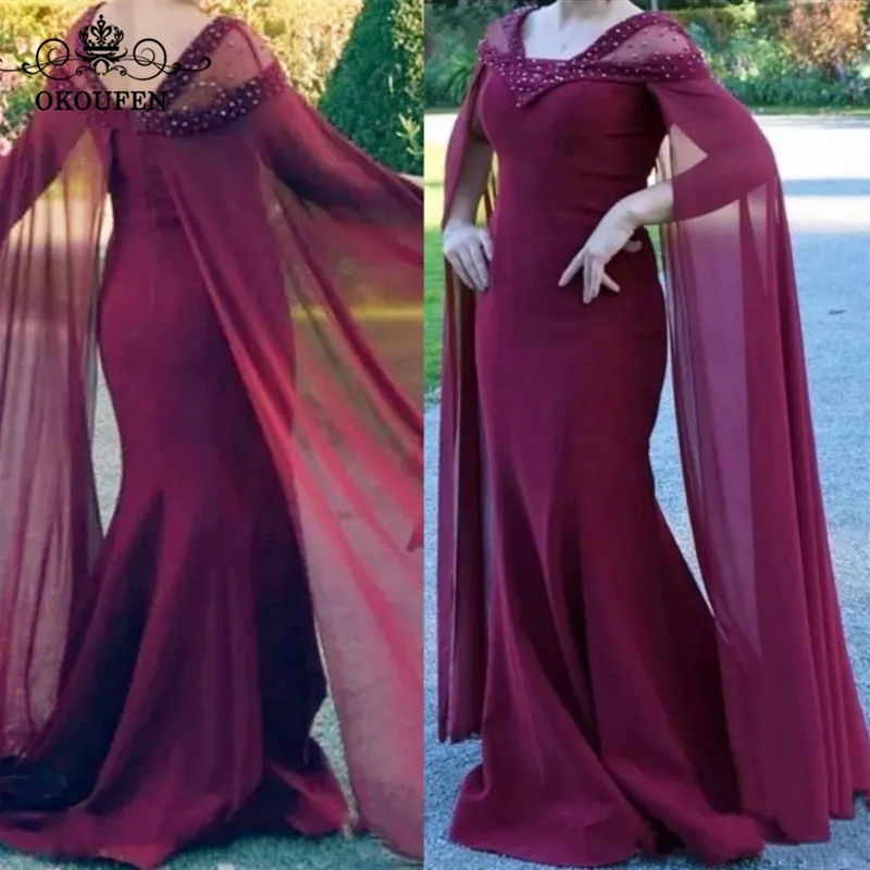 Flowing Chiffon Cape Mermaid Mother Of The Bride Dresses 2018 Beads Rhinestone Sheer V Neck Burgundy Long Prom Dress Formal Gown
Flowing Chiffon Cape Mermaid Mother Of The Bride Dresses 2018 Beads Rhinestone Sheer V Neck Burgundy Long Prom Dress Formal Gown