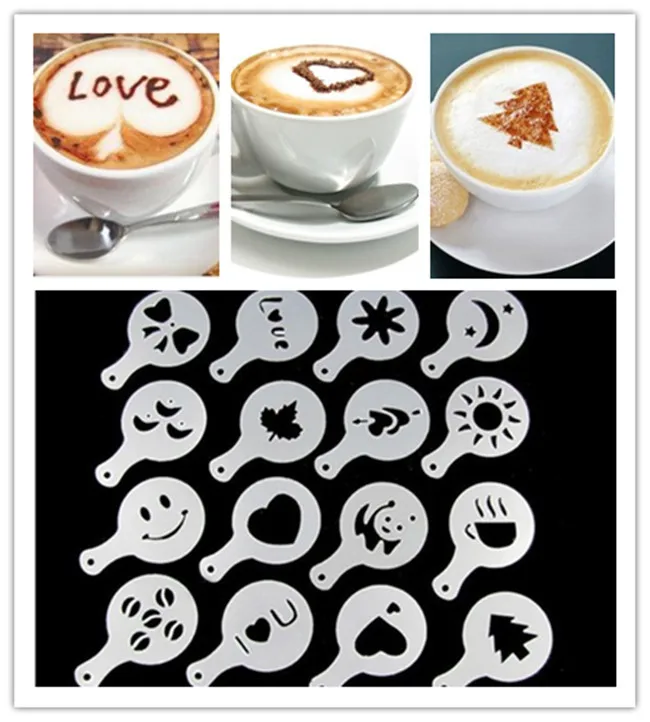 

16pcs/lot Kitchen Dining & Bar Cappuccino Coffee Barista Stencils Template Strew Flowers Pad Duster Spray OK 0236