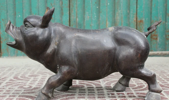 wholesale factory 25" Chinese Bronze Copper Folk Year Zodiac Livestock Roar Pig Hog Swine Statue |