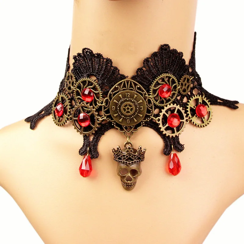 Women Necklaces Steampunk Gothic Clock Gear Wheel Crown Skull Bead Drop Black Lace Choker Chunky Collar Party Statement Necklace
Women Necklaces Steampunk Gothic Clock Gear Wheel Crown Skull Bead Drop Black Lace Choker Chunky Collar Party Statement Necklace