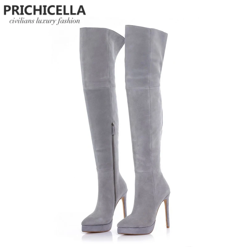 grey leather thigh high boots