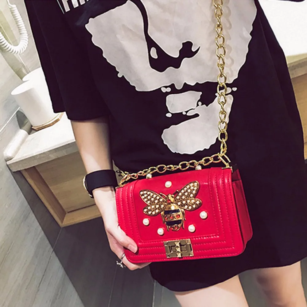 

Women Brand Desinger Rhinestones Bee PU Leather Shoulder Bag Small Crossbody Bag with Chain For Girls Ladies Bag Bolso Mujer 877