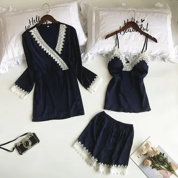 Rayon Satin Women 3PCS Nightwear Spring New Cami+Shorts+Robe Home Wear Casual Sleepwear Floral Trim Sexy Pajama Pyjama Set
Rayon Satin Women 3PCS Nightwear Spring New Cami+Shorts+Robe Home Wear Casual Sleepwear Floral Trim Sexy Pajama Pyjama Set
