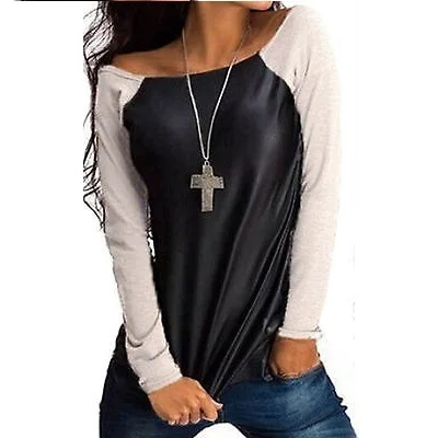 

New Sexy Womens Long Sleeve Scoop Neck PU Leather Spliced T-Shirt Casual Loose Pullouver Tops