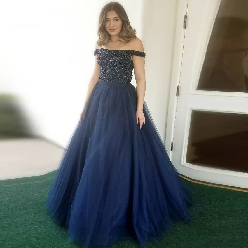 Elegant Navy Evening Dresses Luxury Beading Off the Shoulder A-line Long Prom Dress Evening Party Gowns
Elegant Navy Evening Dresses Luxury Beading Off the Shoulder A-line Long Prom Dress Evening Party Gowns