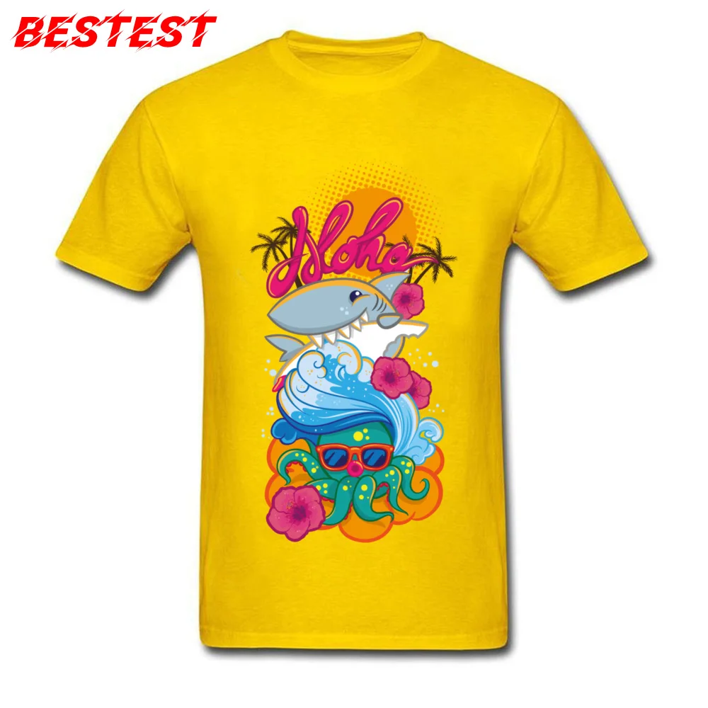Summer Tshirts 2018 New Round Neck Aloha 100% Cotton Men Tops Tees Summer Short Sleeve Tops Shirt Wholesale Aloha yellow