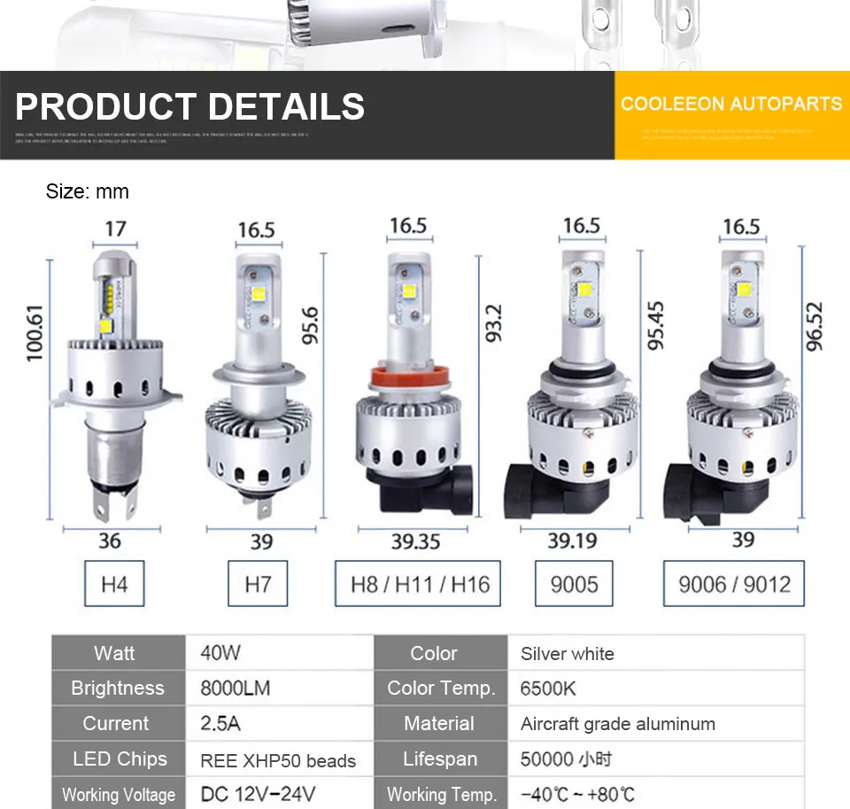 Auto Headlamp LED Light H1 H4 H7 Car Headlight Bulbs H11 9005 9006 LED Lamp Kit 12V 24V Automotive 80W 9600LM CREE LEDs (2)