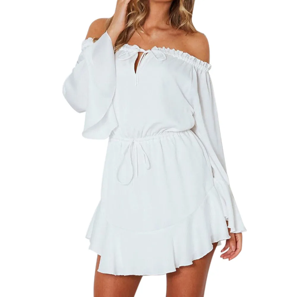 Summer Spring New Fashion Women Solid Color Flare Sleeve Slash-Neck Dress Hot Sale Off Shoulder Club Party Mini Dress For Ladies
Summer Spring New Fashion Women Solid Color Flare Sleeve Slash-Neck Dress Hot Sale Off Shoulder Club Party Mini Dress For Ladies
