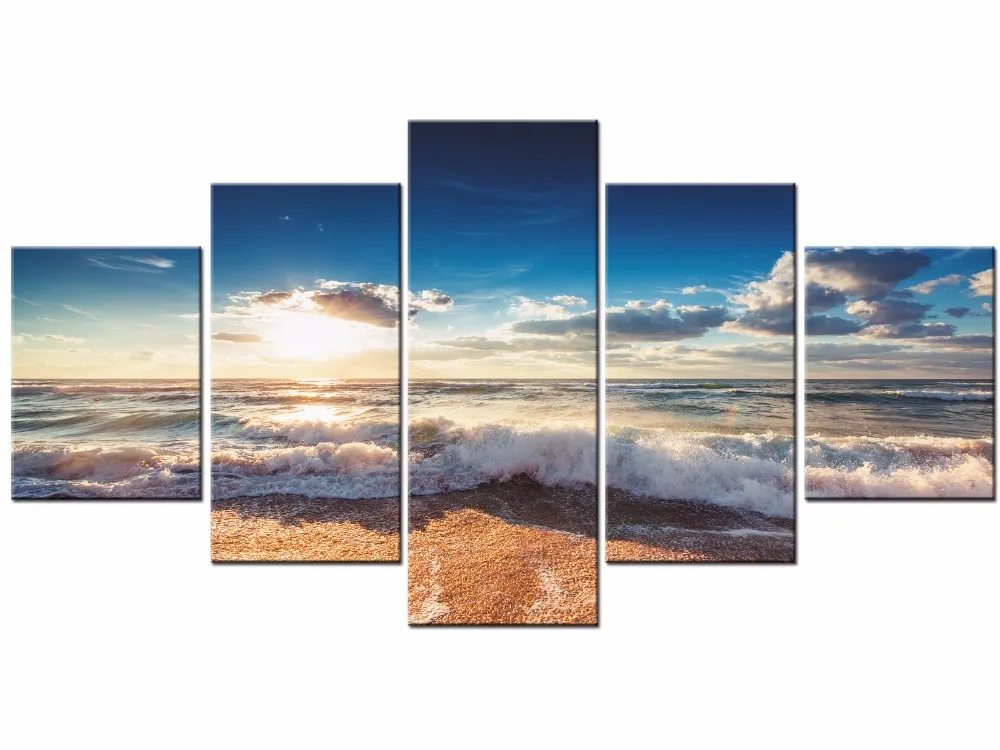 

5 Pieces Fashion beach ocean sea sunset Paintings Wall Art Prints Pictures Canvas Painting Home Decor Framed J009-054