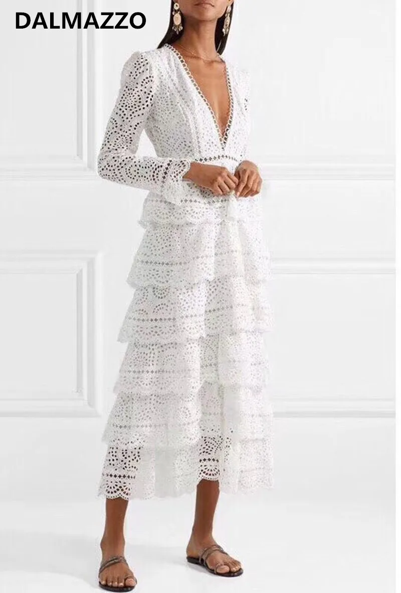 Women Deep V Neck White Lace Hollow Out Long Sleeve Cake Long Dress 2018 Newest Autumn Designer Luxury Runway Party Long Dresses
Women Deep V Neck White Lace Hollow Out Long Sleeve Cake Long Dress 2018 Newest Autumn Designer Luxury Runway Party Long Dresses