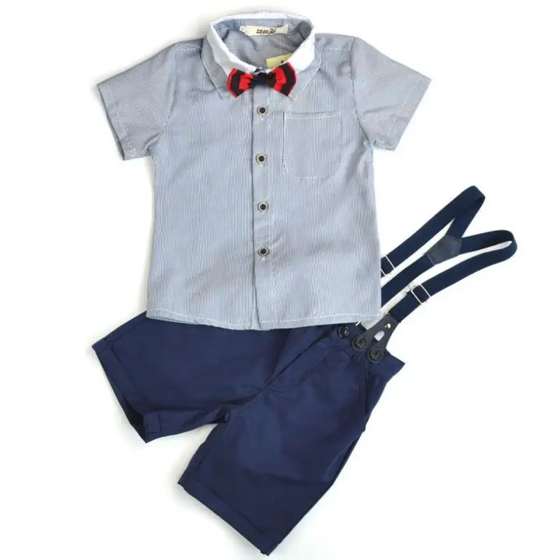 

Roupas Infantis Menina Limited 2019 Baby Short Sleeve Boys Summer Gentleman Suit Stripe Tie Blouse +blue Shorts Children's 2-6y