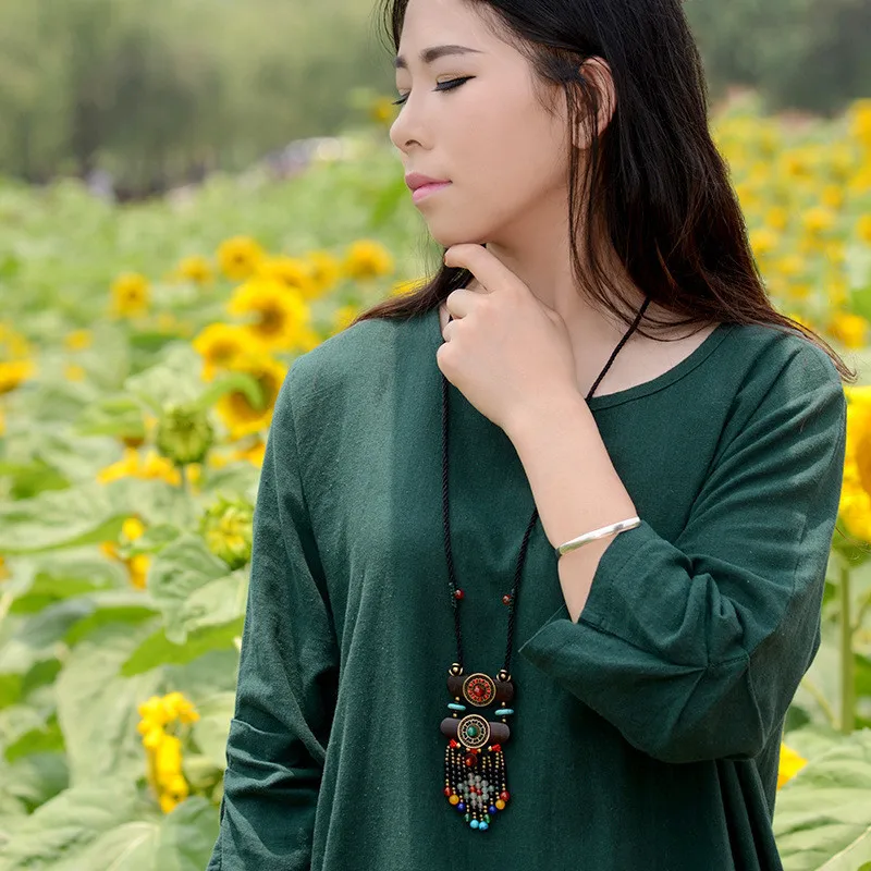 Long Chain Wood Necklace With Colorful Beads - Wear Jewelry With Sweaters
