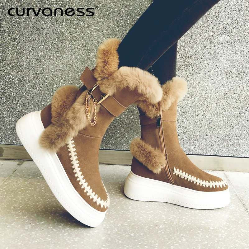 Curvaness Snow Shoes Women Real Leather Height Increasing Warm Boots Women Thick Platform Wedges Fur Comfortable Flat With Shoes