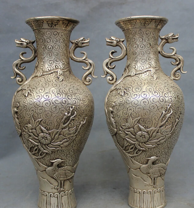 S4018 12" Chinese Silver Dragon Unicorn Statue Peacock Phoenix Flower Pot Vase Pair D0318
S4018 12" Chinese Silver Dragon Unicorn Statue Peacock Phoenix Flower Pot Vase Pair D0318