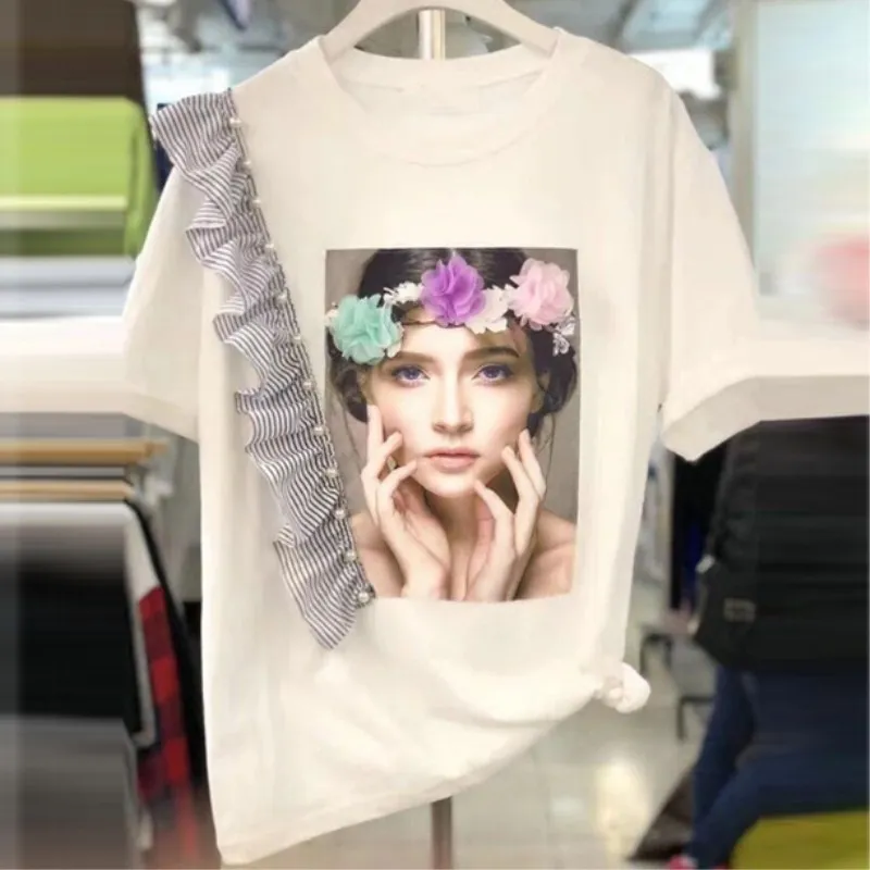 2019 Summer Cotton Casual T-shirts Nail Bead Lotus Leaf Edge Printing Short-sleeved T-shirts Women Loose Round Collar T-shirts
2019 Summer Cotton Casual T-shirts Nail Bead Lotus Leaf Edge Printing Short-sleeved T-shirts Women Loose Round Collar T-shirts
