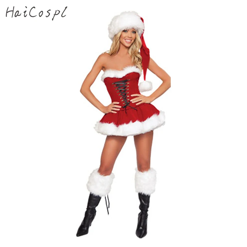 

Plus Size New Year Christmas Costume for Women Red Sexy Dress Adult Female Fancy Cosplay +Hat