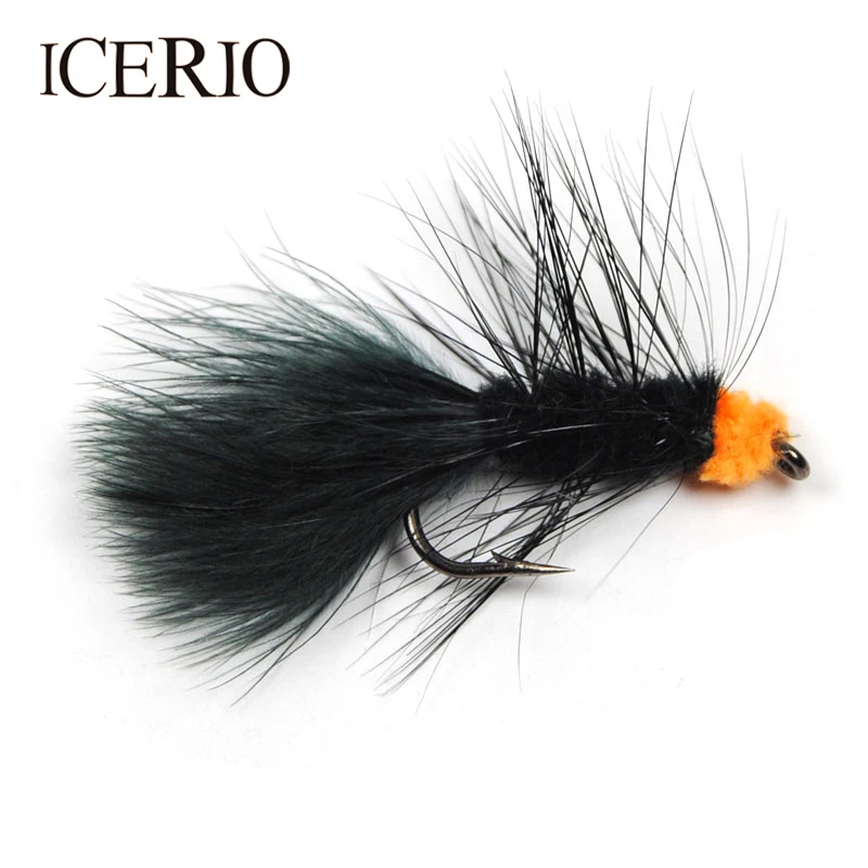 ICERIO 8 шт. #6 черный корпус оранжевое яйцо сосание Leech стример мухи лосось муха