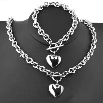 

Fashion Women's 316L Stainless Steel Toggle Heart Charm Pendant Necklace Bracelet Classics Heart OT Clasp Jewelry Set For Gift